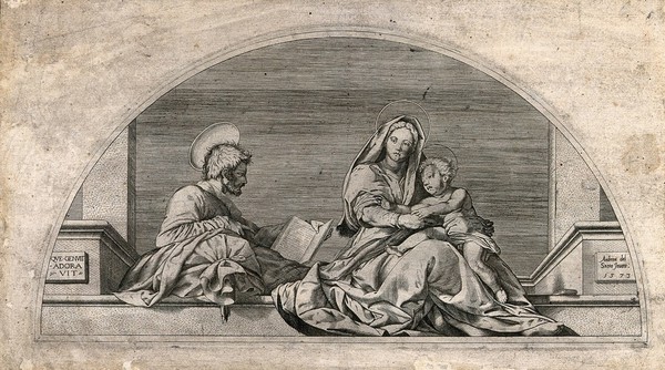 Saint Mary (the Blessed Virgin) and Saint Joseph with the Christ Child. Engraving attributed to G.B. Cavalieri after Andrea del Sarto, 1573.