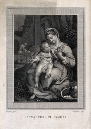 view Saint Mary (the Blessed Virgin) and Saint Joseph with the Christ Child. Engraving by G. Bortignoni after A. Allegri, il Correggio.