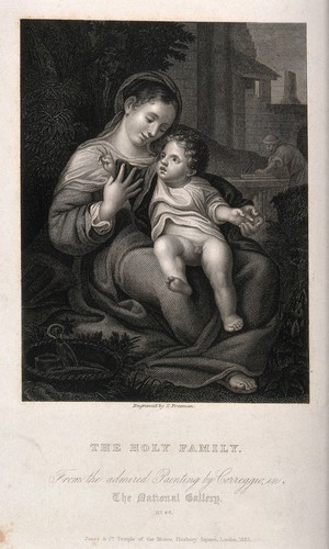 view Saint Mary (the Blessed Virgin) and Saint Joseph with the Christ Child. Engraving by S. Freeman, 1832, after A. Allegri, il Correggio.