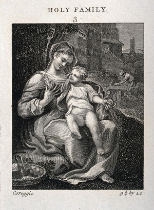 view Saint Mary (The Blessed Virgin) and Saint Joseph with the Christ Child. Etching after A. Allegri, il Correggio.