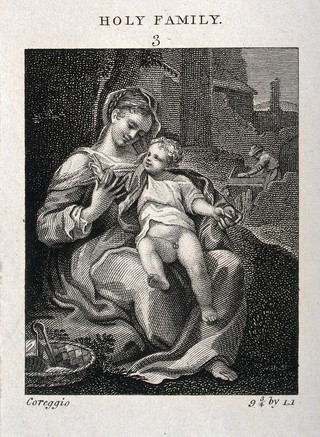 Saint Mary (The Blessed Virgin) and Saint Joseph with the Christ Child. Etching after A. Allegri, il Correggio.