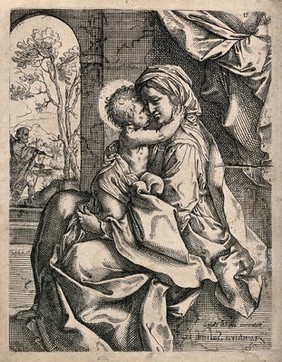 Saint Mary (the Blessed Virgin) and Saint Joseph with the Christ Child. Etching by Ventura Salimbeni, il Bevilacqua, after G. Reni.