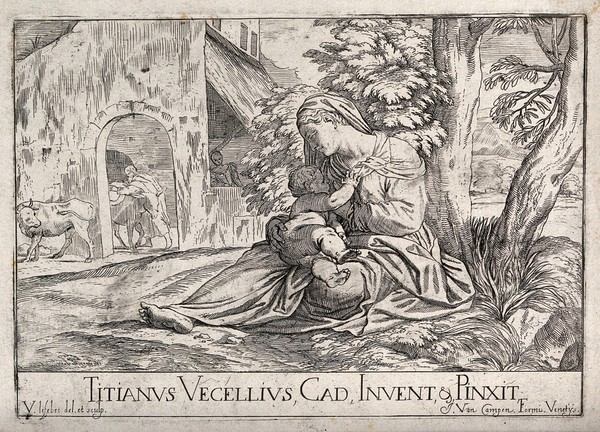 Saint Mary (the Blessed Virgin) and Saint Joseph with the Christ Child. Etching by V. Lefebvre after Titian.