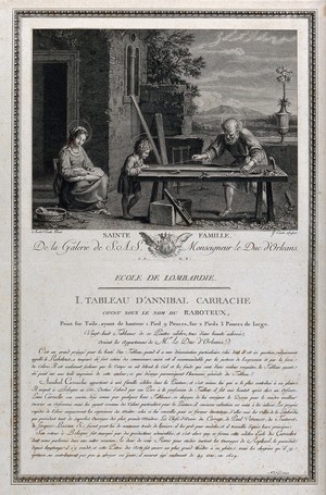 view Saint Joseph practises carpentry assisted by the Christ Child, while Saint Mary (the Blessed Virgin) sews. Engraving by J. Couché, 1786, after Annibale Carracci.