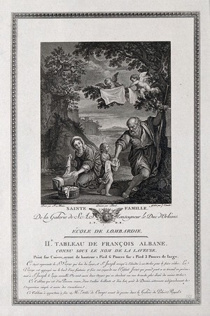 view Saint Mary (the Blessed Virgin) washes clothes and passes the washed clothes to the Christ Child who gives them to Saint Joseph to hang on a tree to dry, with the assistance of angels. Engraving by J. Couché, 1791, after A. Borel after F. Albani.