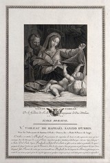 Saint Mary (the Blessed Virgin) and Saint Joseph with the Christ Child. Engraving by A. Romanet after Jourdain after Raphael.