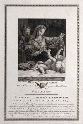 Saint Mary (the Blessed Virgin) and Saint Joseph with the Christ Child. Engraving by A. Romanet after Jourdain after Raphael.