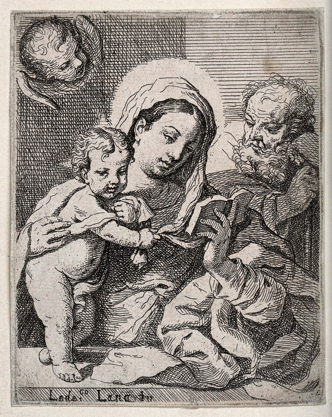 Saint Mary (the Blessed Virgin) and Saint Joseph with the Christ Child. Etching by L. Lana da Modena., 1600-1699, by Ludovico Lana