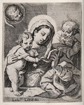 Saint Mary (the Blessed Virgin) and Saint Joseph with the Christ Child. Etching by L. Lana da Modena.