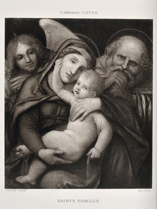 Saint Mary (the Blessed Virgin) and Saint Joseph with the Christ Child and an angel. Process print by G. Petit after L. Lotto.