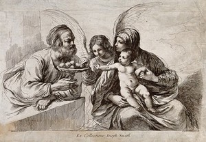 view Saint Mary (the Blessed Virgin) and Saint Joseph with the Christ Child and an angel. Etching by F. Bartolozzi, 1764, after G.F. Barbieri, il Guercino.