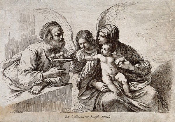 Saint Mary (the Blessed Virgin) and Saint Joseph with the Christ Child and an angel. Etching by F. Bartolozzi, 1764, after G.F. Barbieri, il Guercino.