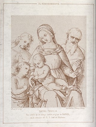 Saint Mary (the Blessed Virgin) and Saint Joseph with the Christ Child, John the Baptist and an angel. Lithograph attributed to F. de Madarazo-Kuntz after Raphael.