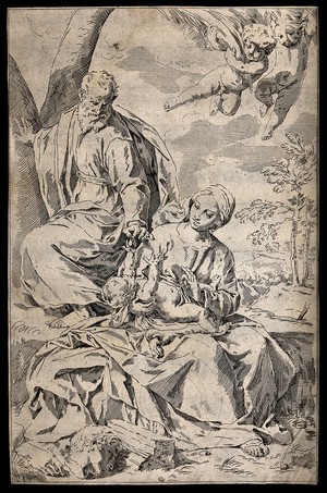 view Saint Mary (the Blessed Virgin) with Saint Joseph and the Christ Child, in a rest on their flight into Egypt. Etching after S. Cantarini.