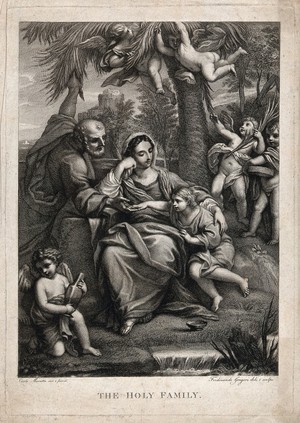 view The Holy Family resting under a palm tree during the flight into Egypt. Engraving by F. Gregori after C. Maratta.