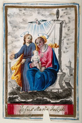 Saint Mary (the Blessed Virgin) and Saint Joseph with the Christ Child. Gouache painting.