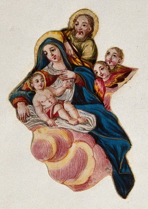 view Saint Mary (the Blessed Virgin) and Saint Joseph with the Christ Child. Gouache painting.