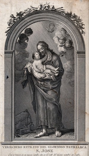 view Saint Joseph and the Christ Child. Engraving.