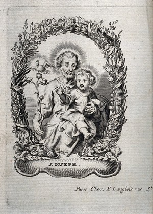 view Saint Joseph and the Christ Child. Engraving.