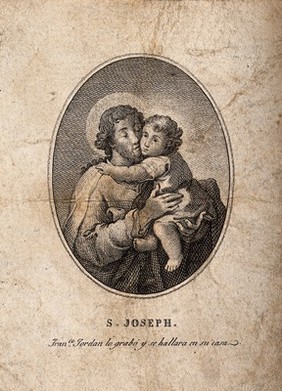 Saint Joseph and the Christ Child. Engraving by F. Jordan.