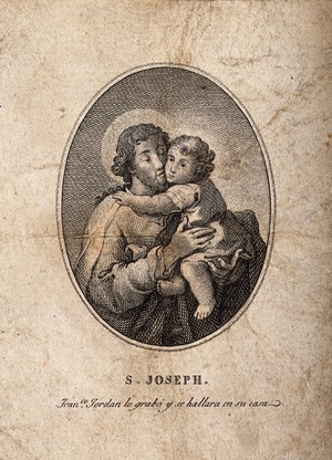 view Saint Joseph and the Christ Child. Engraving by F. Jordan.