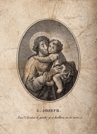 Saint Joseph and the Christ Child. Engraving by F. Jordan.