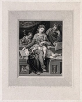 Saint Mary (the Blessed Virgin) and Saint Joseph with the Christ Child and Saint John the Baptist. Engraving by C. Pye, 1825, after M. Venusti after Michelangelo.