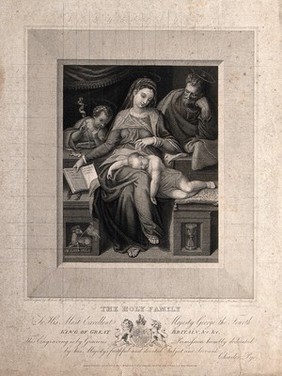 Saint Mary (the Blessed Virgin) and Saint Joseph with the Christ Child and Saint John the Baptist. Engraving by C. Pye, 1825, after M. Venusti after Michelangelo.