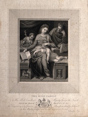 view Saint Mary (the Blessed Virgin) and Saint Joseph with the Christ Child and Saint John the Baptist. Engraving by C. Pye, 1825, after M. Venusti after Michelangelo.