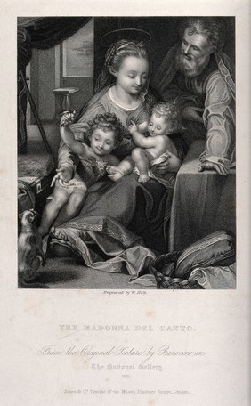 Saint Mary (the Blessed Virgin) with the Christ Child and Saint John the Baptist. Engraving by W. Holl after F. Barocci.