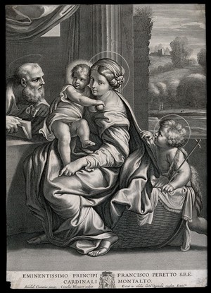 view Saint Mary (the Blessed Virgin) and Saint Joseph with the Christ Child and Saint John the Baptist. Engraving by C. Bloemaert after Annibale Carracci.