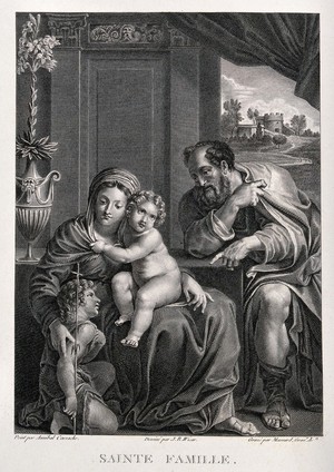 view Saint Mary (the Blessed Virgin) and Saint Joseph with the Christ Child and Saint John the Baptist. Engraving by Massard after G.B. Wicar after Annibale Carracci.