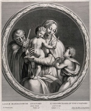 view Saint Mary (the Blessed Virgin) and Saint Joseph with the Christ Child and Saint John the Baptist. Engraving after Giulio Romano.