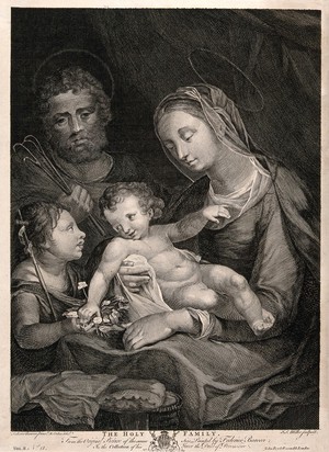 view Saint Mary (the Blessed Virgin) and Saint Joseph with the Christ Child and Saint John the Baptist. Engraving by J.S. Miller after R. Earlom after F. Barocci.