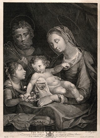 Saint Mary (the Blessed Virgin) and Saint Joseph with the Christ Child and Saint John the Baptist. Engraving by J.S. Miller after R. Earlom after F. Barocci.