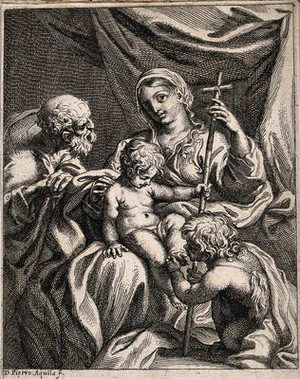 view Saint Mary (the Blessed Virgin) and Saint Joseph with the Christ Child and Saint John the Baptist. Etching by Pietro Aquila.