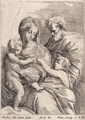 Saint Mary (the Blessed Virgin) and Saint Joseph with the Christ Child and Saint John the Baptist. Etching by J. Pesne after Andrea del Sarto.