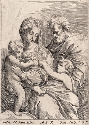 view Saint Mary (the Blessed Virgin) and Saint Joseph with the Christ Child and Saint John the Baptist. Etching by J. Pesne after Andrea del Sarto.