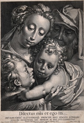 Saint Mary (the Blessed Virgin) and Saint Joseph with the Christ Child and Saint John the Baptist. Line engraving by J. van Sandrart after D. Custos after Cornelis van Haarlem.
