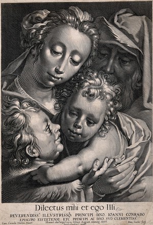 view Saint Mary (the Blessed Virgin) and Saint Joseph with the Christ Child and Saint John the Baptist. Line engraving by J. van Sandrart after D. Custos after Cornelis van Haarlem.