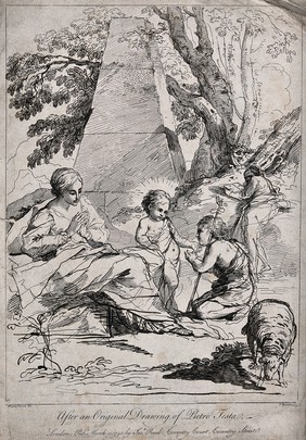 Saint Mary (the Blessed Virgin) and Saint Joseph with the Christ Child and Saint John the Baptist. Etching by F. Bartolozzi, 1791, after P. Testa.