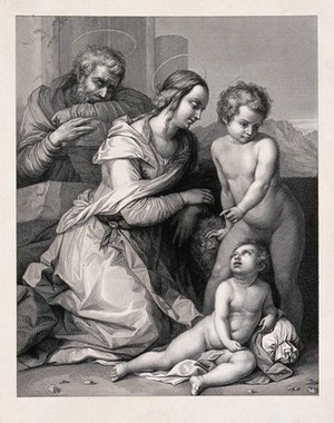 view Saint Mary (the Blessed Virgin) and Saint Joseph with the Christ Child and Saint John the Baptist. Engraving by L. Paradisi.