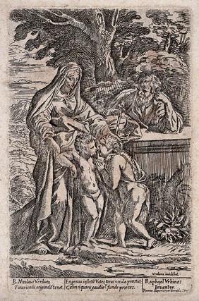 Saint Mary (the Blessed Virgin) and Saint Joseph with the Christ Child and Saint John the Baptist. Etching by N. Vendura, 1632 (?), after Raphael.