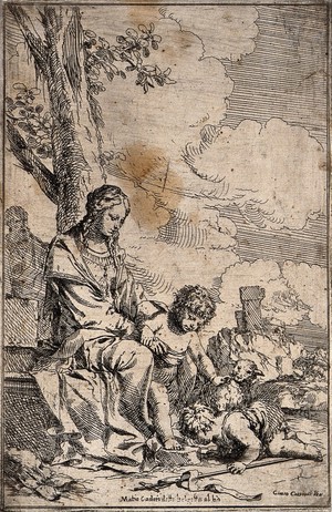 view Saint Mary (the Blessed Virgin) and Saint Joseph with the Christ Child and Saint John the Baptist. Etching by G. Carpioni.