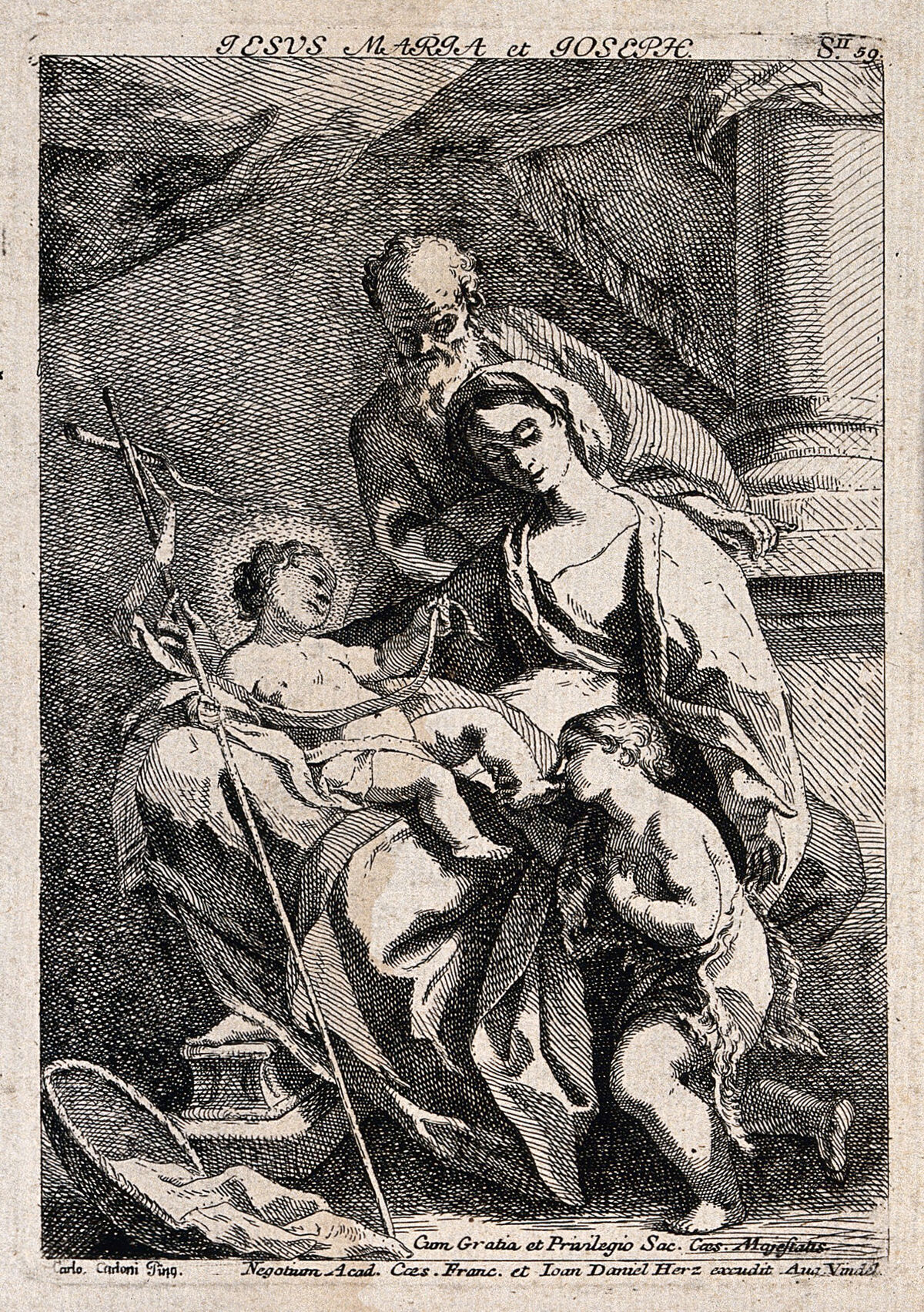 Saint Mary (the Blessed Virgin) and Saint Joseph with the Christ Child and Saint John the Baptist. Etching by J.D. Herz after C. Carlone., by Carlo Carlone