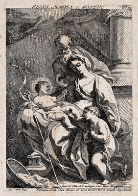 Saint Mary (the Blessed Virgin) and Saint Joseph with the Christ Child and Saint John the Baptist. Etching by J.D. Herz after C. Carlone.