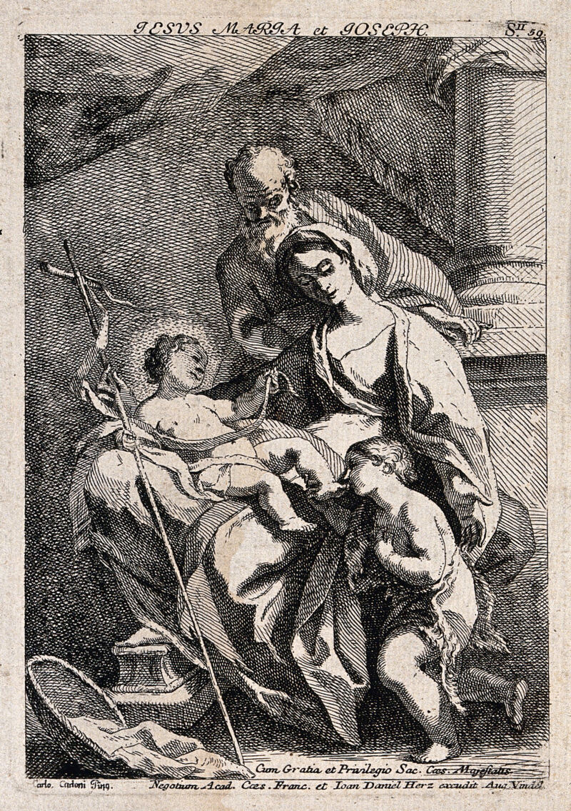 Saint Mary (the Blessed Virgin) and Saint Joseph with the Christ Child and Saint John the Baptist. Etching by J.D. Herz after C. Carlone., by Carlo Carlone