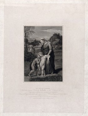 Saint Mary (the Blessed Virgin) and Saint Joseph with the Christ Child and Saint John the Baptist. Engraving by P.W. Tomkins, 1820, after Raphael.