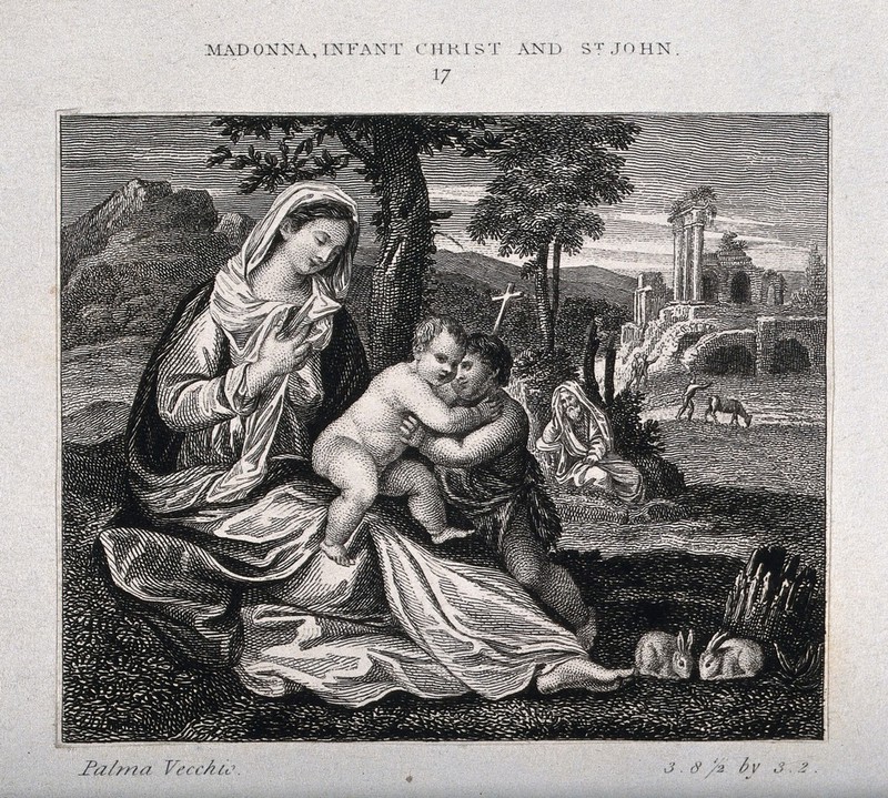 Saint Mary (the Blessed Virgin) and Saint Joseph with the Christ Child and Saint John the Baptist. Engraving after Palma Vecchio., by Palma Vecchio