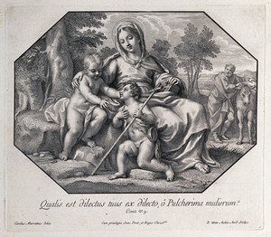 view Saint Mary (the Blessed Virgin) and Saint Joseph with the Christ Child and Saint John the Baptist. Engraving by R. van Audenaerd after C. Maratta.